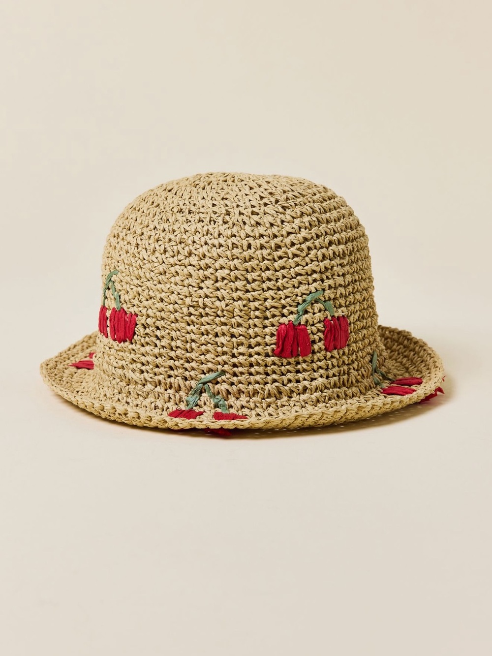 Urban Outfitters Natural Straw Bucket Hat with Red Cherry Embroidery